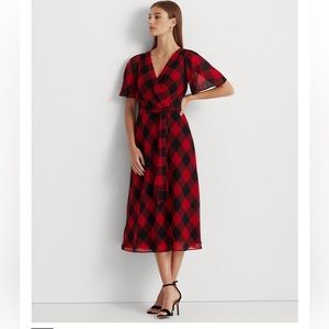 New. Lauren Ralph Lauren Women's Buffalo Check Belted Georgette Dress